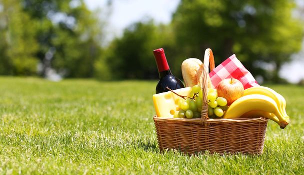 Picnic basket with food on green grass - 写真・画像