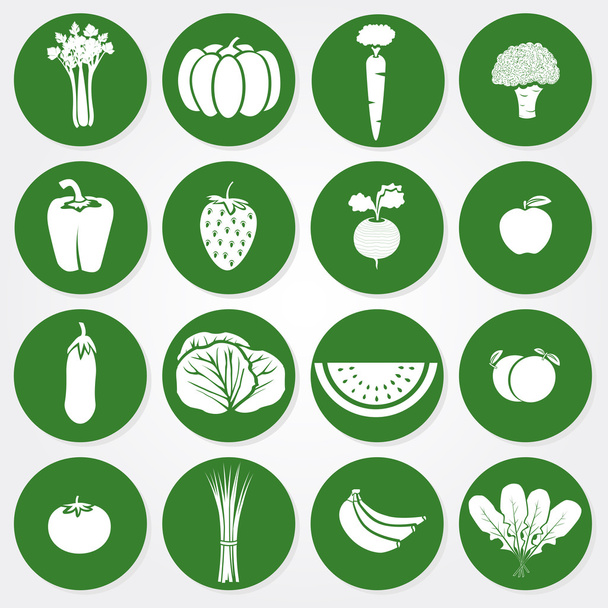 Iconos verdes y blancos de verduras y frutas
 - Vector, imagen