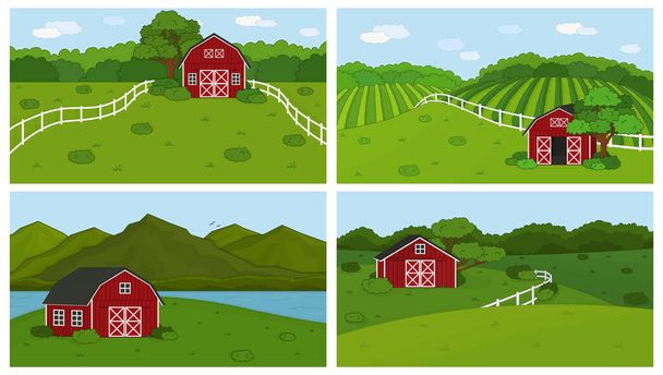 Set of vector green hill landscape. Illustration collection of hand drawn outline panorama field landscape, cloud sky, red barn, mountains, river, stream, white fence, forest - Vector, Image
