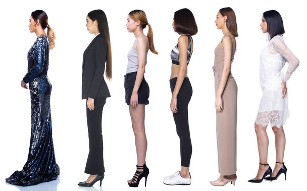 Full body length Figure diversity of 20s 30s Asian Women in many diversity career such as casual lifestyle, business, evening gown. Female stand turn side view, white Background isolated - Photo, Image