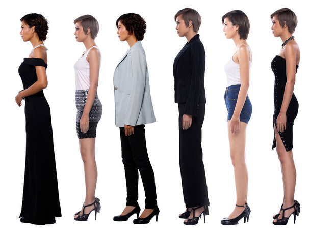 Pełna długość ciała Różnorodność figury 30s Azjatki w wielu różnych karierach, takich jak dorywczy styl życia, biznes, suknia wieczorowa. Kobieta stanąć boczny widok, białe tło izolowane - Zdjęcie, obraz