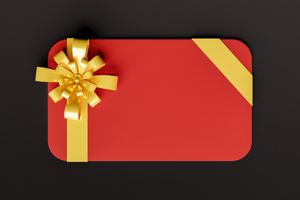 red gift card with gold ribbon on black background. copy space. 3d render - Foto, Bild
