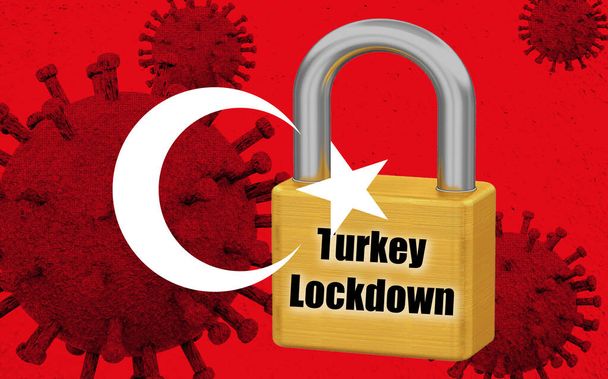 Fundo com bandeira da Turquia com bloqueio de cadeado. ilustração 3d - Foto, Imagem