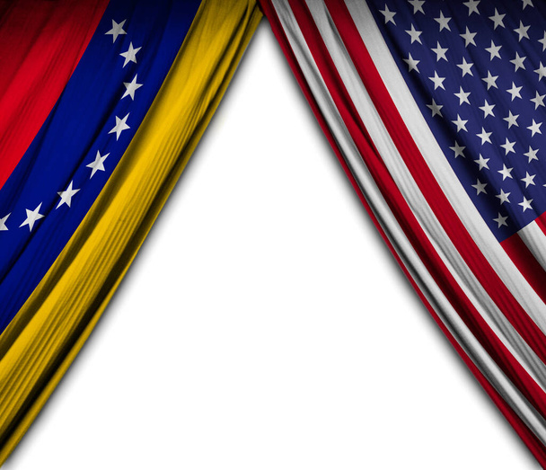 Прапори Венесуели і Сполучених Штатів Америки з ефектом театру. 3D Illustration - Фото, зображення