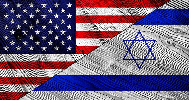 Flags of the United States of America and Israel on wooden planks - Photo, image
