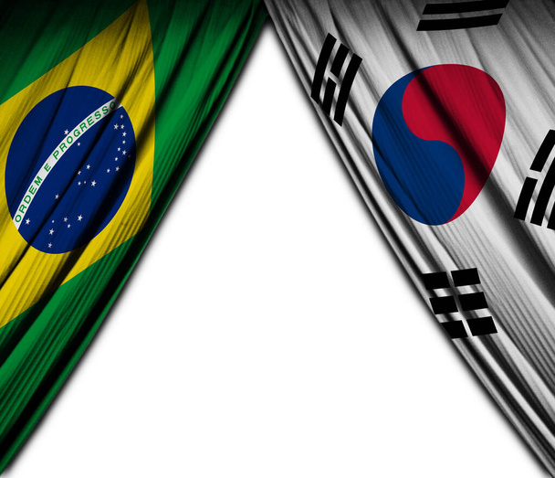 Brasilian ja Etelä-Korean liput, joilla on teatterivaikutus. 3D-kuva - Valokuva, kuva