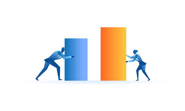 чоловік тримає синій стовпчик як вартість, а жінка, що тримає помаранчевий стовпчик як ілюстрація про прибутки повинні бути більше, ніж витрати економічних принципів плаский дизайн для презентації веб-прапора UI UX посадкова сторінка - Вектор, зображення