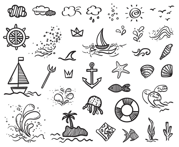 Hand drawn holiday elements on isolated background. Sketchy doodles on white. Summer holidays. Signs and symbols. Black and white illustration - Vetor, Imagem
