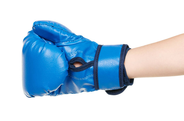 Hand with blue boxing gloves isolated on white - Foto, Imagem