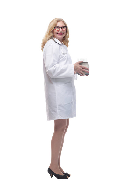 smiling woman lab assistant with laboratory tests. - Zdjęcie, obraz