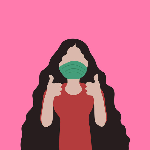 Жінка в захисній медичній масці і рукавичках показує великий палець вгору
 - Вектор, зображення