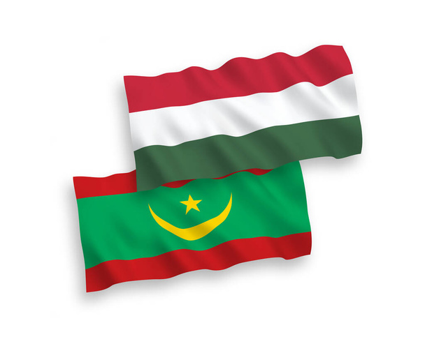 Bandiere nazionali in tessuto vettoriale della Repubblica islamica di Mauritania e Ungheria isolate su sfondo bianco. 1 a 2 proporzione. - Vettoriali, immagini