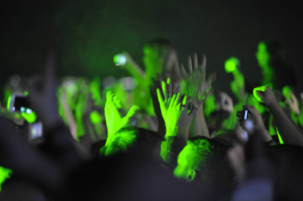 publiek op een live concert juichen met handen in de lucht - Foto, afbeelding
