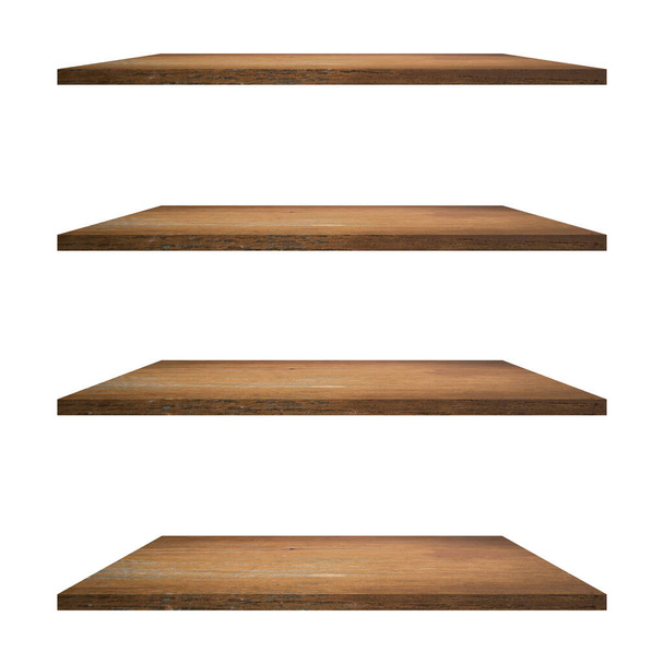 4 Деревянные полки стол изолированы на белом фоне и отображения монтажа для продукта. - Фото, изображение