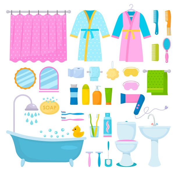 σετ αξεσουάρ μπάνιου: μπουρνούζι, τουαλέτα, νιπτήρας με καθρέφτη, τζελ, σαμπουάν, οδοντόκρεμα και πινέλο, μπάνιο με παπάκι, πετσέτα, σαπούνι και στεγνωτήρα μαλλιών. διάνυσμα - Διάνυσμα, εικόνα