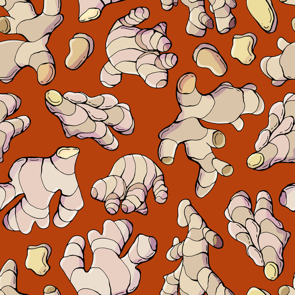 Hand-drawn ginger seamless pattern for print design. Design for fabrics, textiles, packaging, cafes. - Vector, Image
