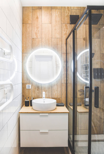 small bathroom with shower and washing machine. Interior Design - Fotoğraf, Görsel