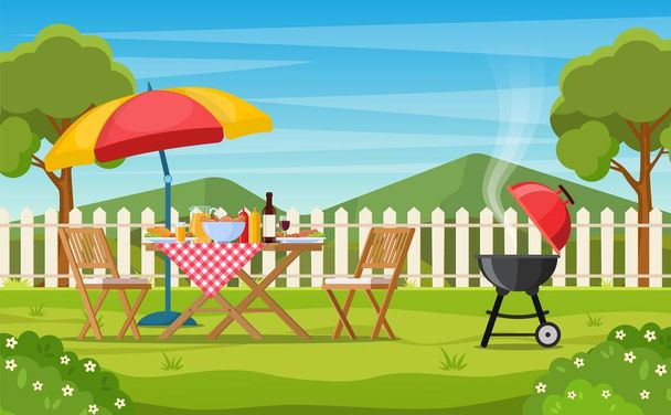 Festa barbecue nel cortile con recinzione - Vettoriali, immagini