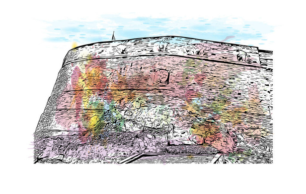 印刷エディンバラのランドマークと建物の景色はスコットランドの首都です。手描きのスケッチイラストと水彩スプラッシュベクトル. - ベクター画像