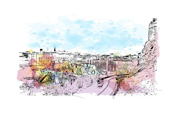 Das Gebäude mit dem Wahrzeichen von Edinburgh ist die Hauptstadt Schottlands. Aquarell-Spritzer mit handgezeichneter Skizzenillustration im Vektor. - Vektor, Bild