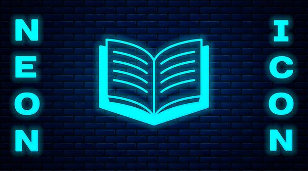 Leuchtende Neon Open book icon isoliert auf Backsteinwand Hintergrund. Vektor. - Vektor, Bild