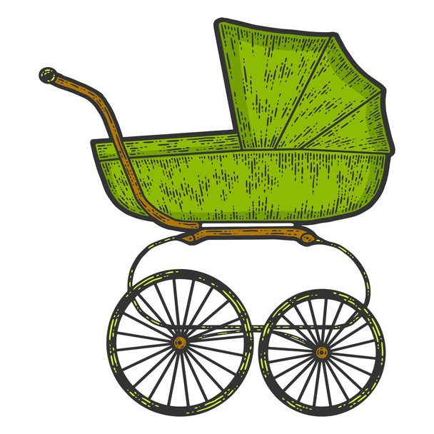 Vintage kinderwagen. Schets krasbord imitatie kleur groen. - Vector, afbeelding