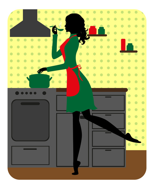 Silhouette of beautiful girl cooking - Διάνυσμα, εικόνα