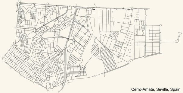 Black simple detailed street roads map on vintage beige background of the quarter Περιοχή Cerro-Amate της Σεβίλλης, Ισπανία - Διάνυσμα, εικόνα