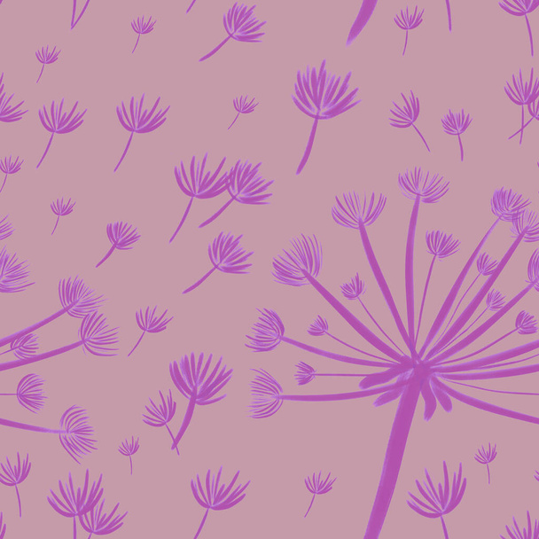 seamless pattern with hand-drawn purple with dandelions on pink background. packaging, wallpaper, textile, kitchen, utensil, fashion design - Foto, Bild