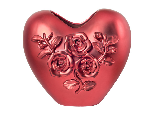Red heart-shaped vase decorated with three roses - Photo, Image