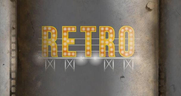 Composition of yellow retro text with lit light bulbs on grey metallic background. vintage entertainment and communication concept digitally generated image, - Foto, Imagen