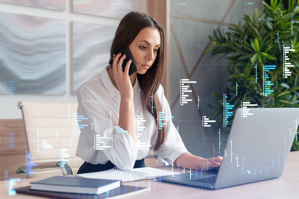 Attractive businesswoman in white shirt has conference call to optimize trading strategy at corporate finance fund. Forex chart hologram over office background - Foto, immagini