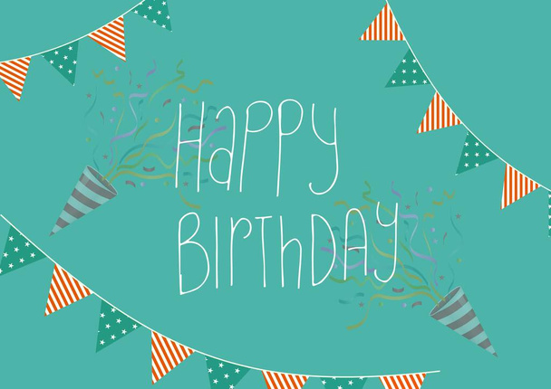Happy birthday text over bunting flag decoration banners and party cones against green background. birthday template background design concept - Foto, Bild
