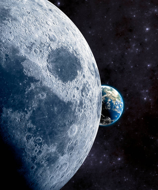 View of the Moon and the Earth. Craters and lunar valleys. Lunar outpost and new frontiers. Starting point for interstellar travel. 3d render. Element of this image is furnished by Nasa - Photo, image