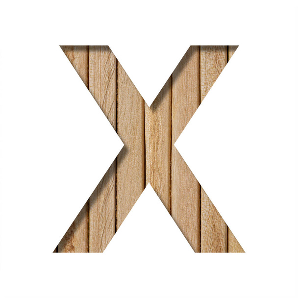 Písmo na lehkém dřevě. Písmeno X je vystřiženo z papíru na pozadí svislých dřevěných prken. Sada dřevěných písem - Fotografie, Obrázek