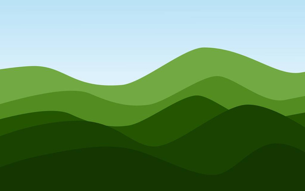 Ilustrace zelených kopců s modrým svahem oblohy. Zelená krajina abstraktní tapety. Tmavé a jasné zelené barvy. - Fotografie, Obrázek