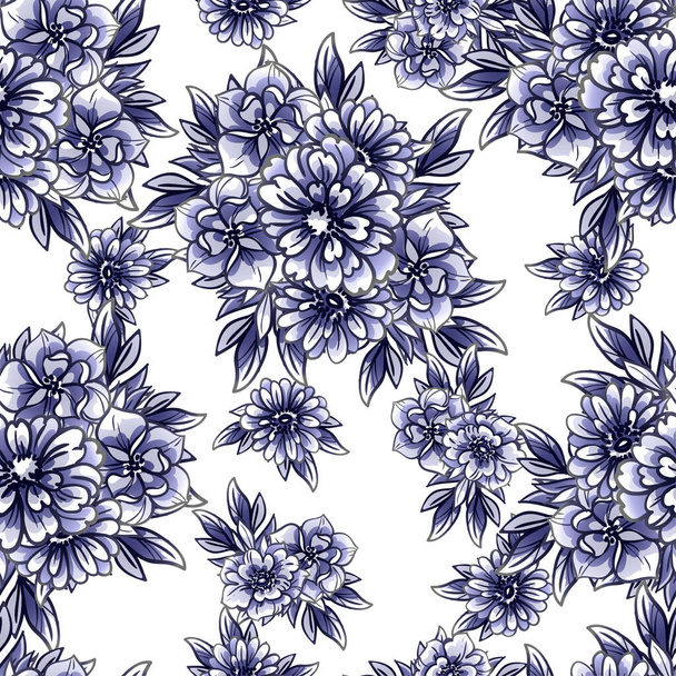 vector seamless pattern with blue, black and white flowers. design for textile and scrapbook - Vector, afbeelding
