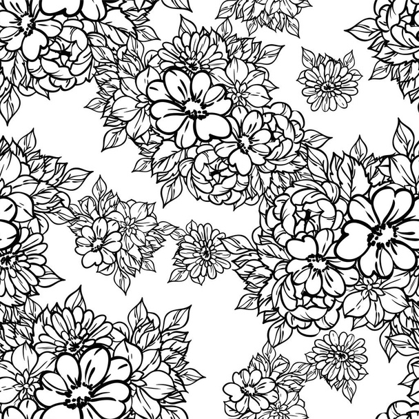 vector seamless pattern with black and white vintage flowers. design for textile and scrapbook - Wektor, obraz
