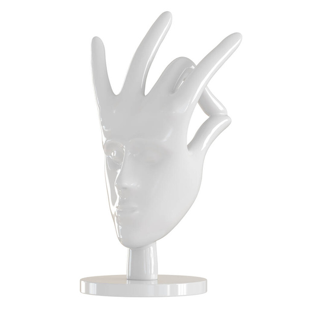 Wit decoratief beeldje in de vorm van een hand met een menselijk gezicht op een geïsoleerde achtergrond. 3d destructie - Foto, afbeelding