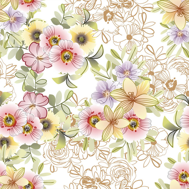 vector seamless pattern with vintage colorful flowers. design for textile and scrapbook - Вектор,изображение
