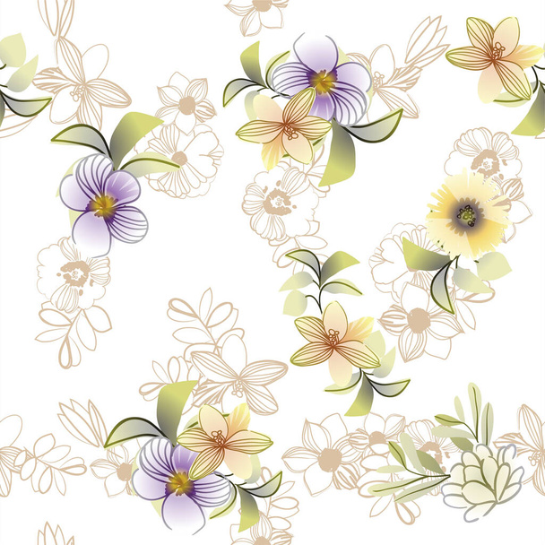 vector seamless pattern with colorful and brown linear flowers. design for textile and scrapbook - Vector, afbeelding