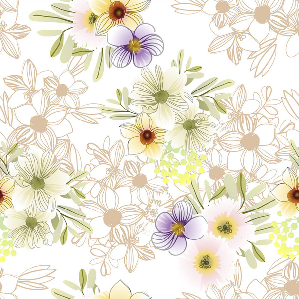 vector seamless pattern with colorful and brown linear flowers. design for textile and scrapbook - Вектор,изображение