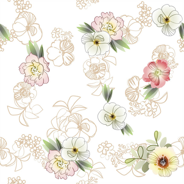 vector seamless pattern with colorful and brown linear flowers. design for textile and scrapbook - Vektor, obrázek