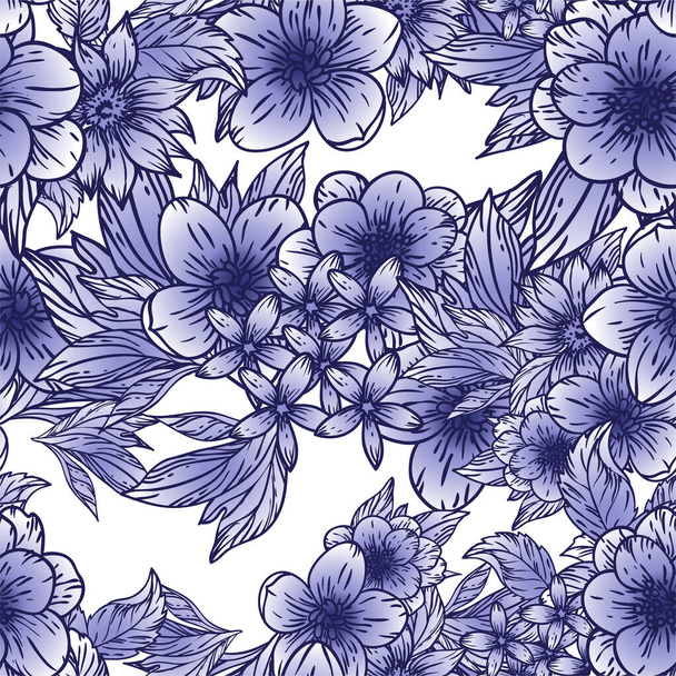 vector seamless pattern with blue, black and white flowers. design for textile and scrapbook - Vetor, Imagem