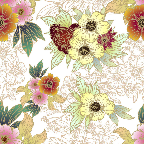 vector seamless pattern with vintage colorful flowers. design for textile and scrapbook - Vecteur, image
