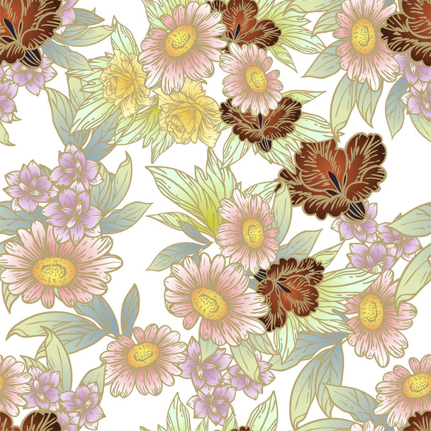 vector seamless pattern with vintage colorful flowers. design for textile and scrapbook - Vector, imagen