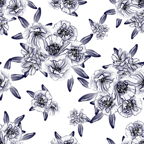 vector seamless pattern with blue, black and white flowers. design for textile and scrapbook - Вектор,изображение