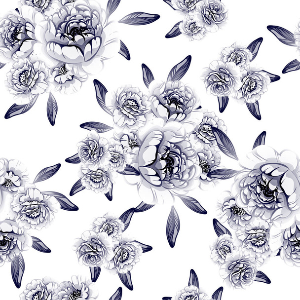 vector seamless pattern with blue, black and white flowers. design for textile and scrapbook - Vector, imagen
