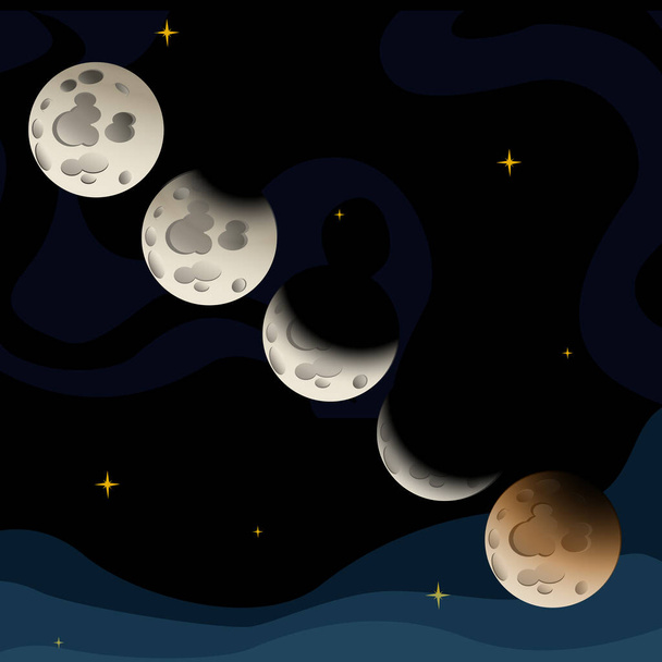 luna nel cielo notturno con stelle, vettore lunare per bambini, fasi lunari, eclissi lunare, luna e stelle - Vettoriali, immagini