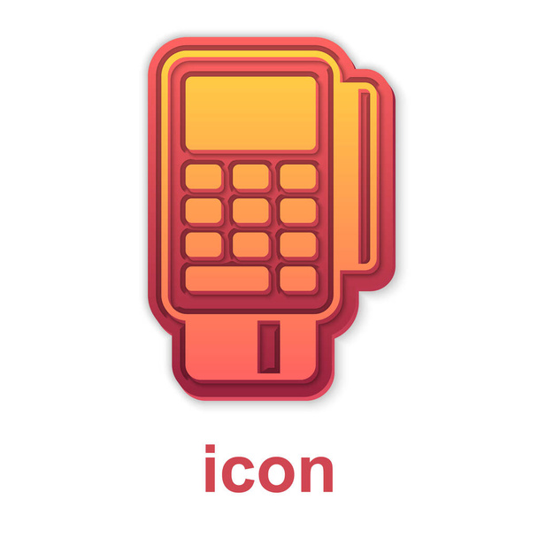 Terminal POS de oro con tarjeta de crédito insertada e icono de receptor impreso aislado sobre fondo blanco. Concepto de pago NFC. Vector - Vector, imagen
